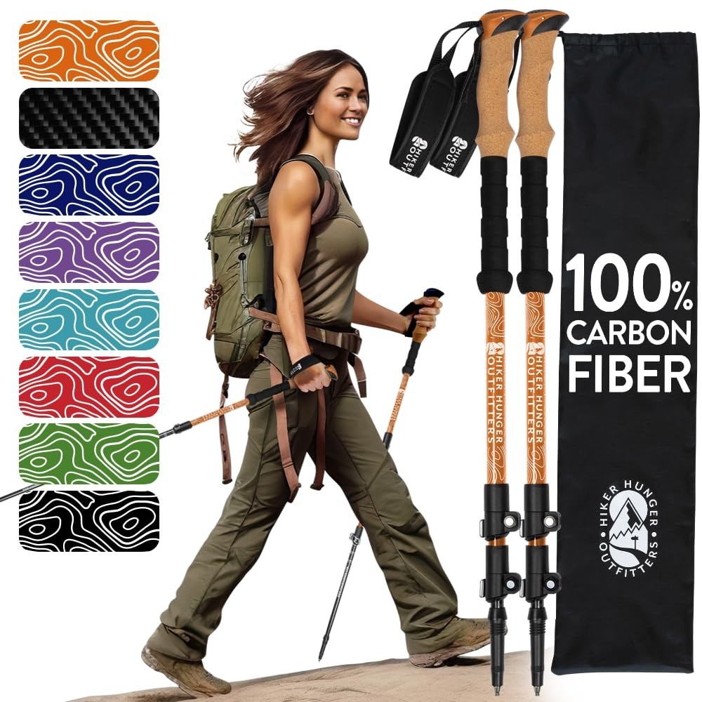 Lightweight Carbon Fiber Trekking Poles - Collapsible Hiking Sticks with Cork Gr0