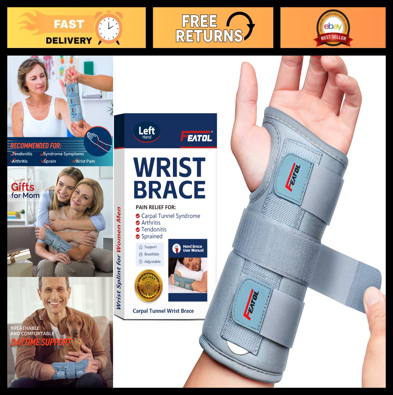 Adjustable Carpal Tunnel Wrist Brace for Men & Women, Night Sleep Support Splint0