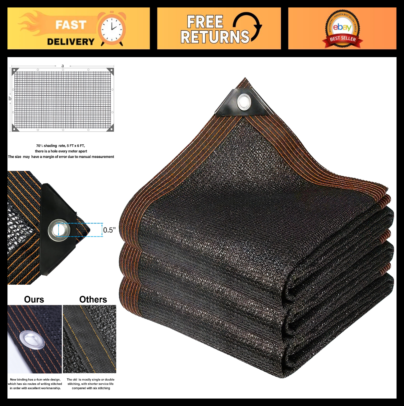 70% Shade Cloth for Garden 5x6 FT - Breathable Mesh Tarp for Plants, Sun Shade C0