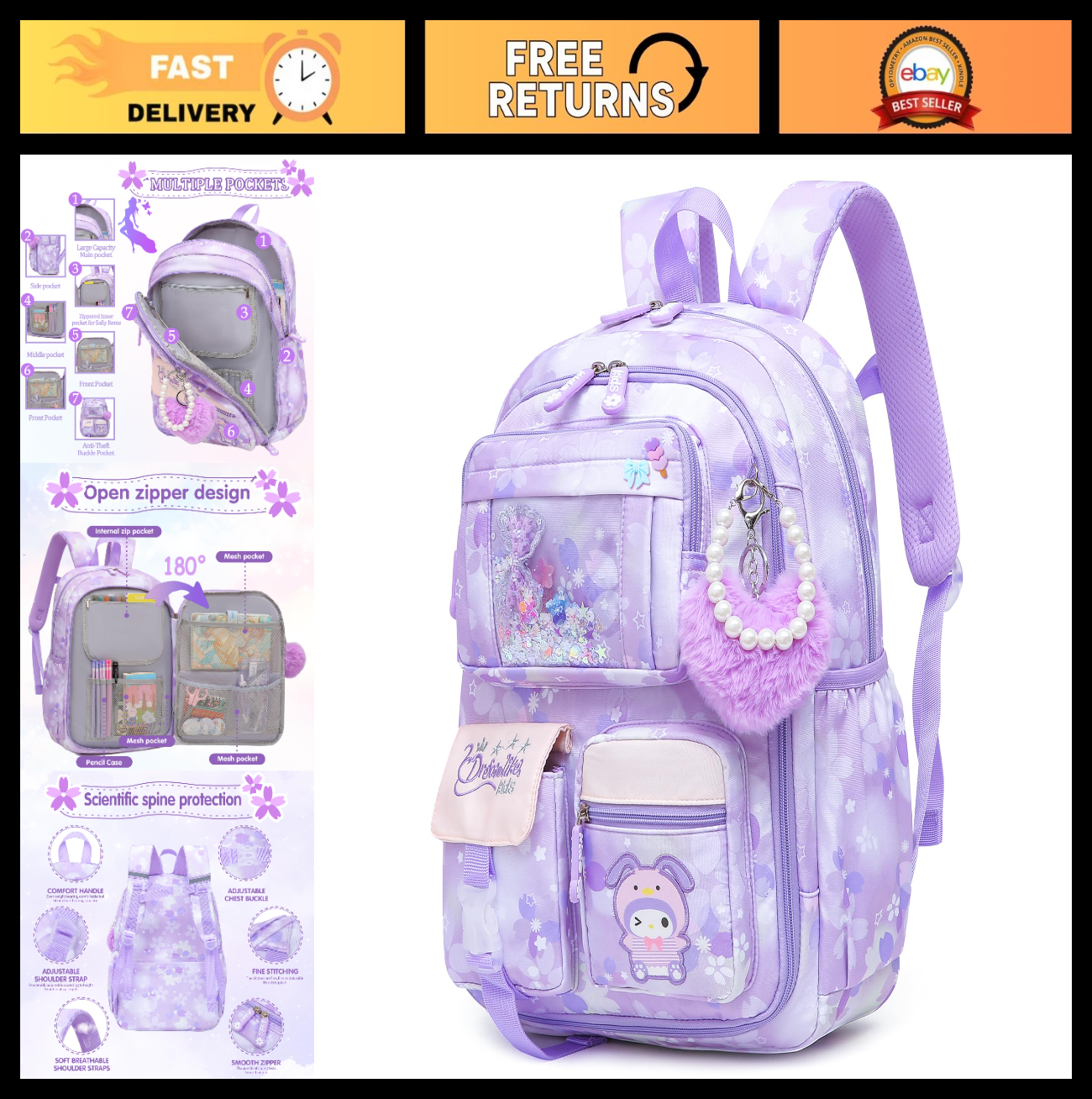 Stylish Girls School Backpack 17"   Kids Book Bag with Multiple Pockets, Splash 0