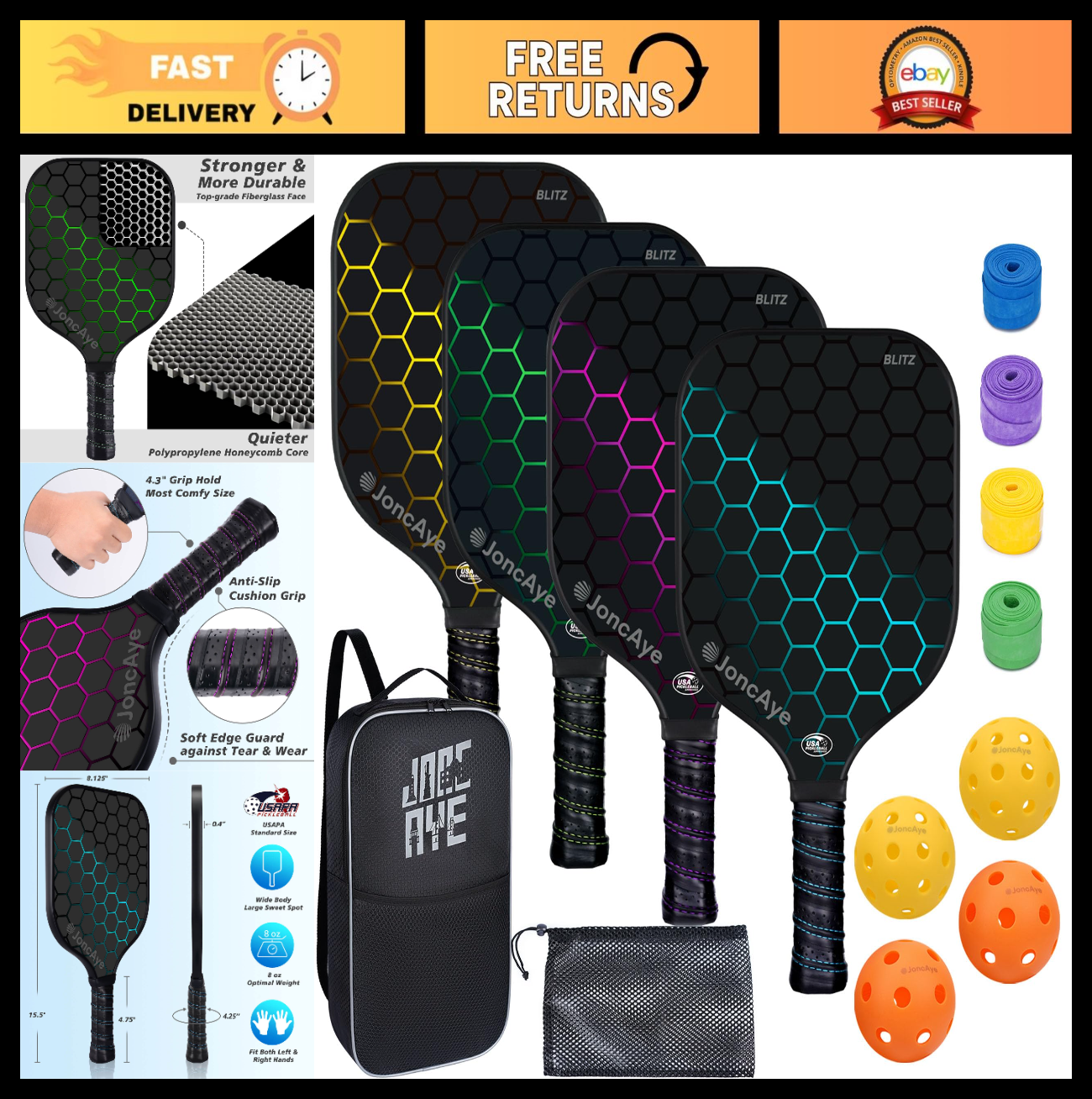 Pickleball Paddle Set of 4 or 2 - USAPA Approved Fiberglass Rackets, Lightweight0
