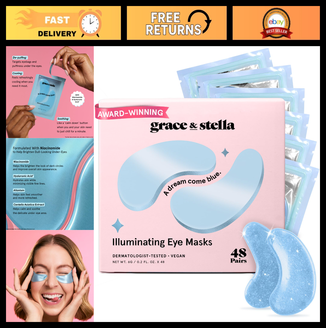 Under Eye Masks - Reduce Dark Circles, Puffy Eyes, Wrinkles - 48 Gel Patches, Ve0