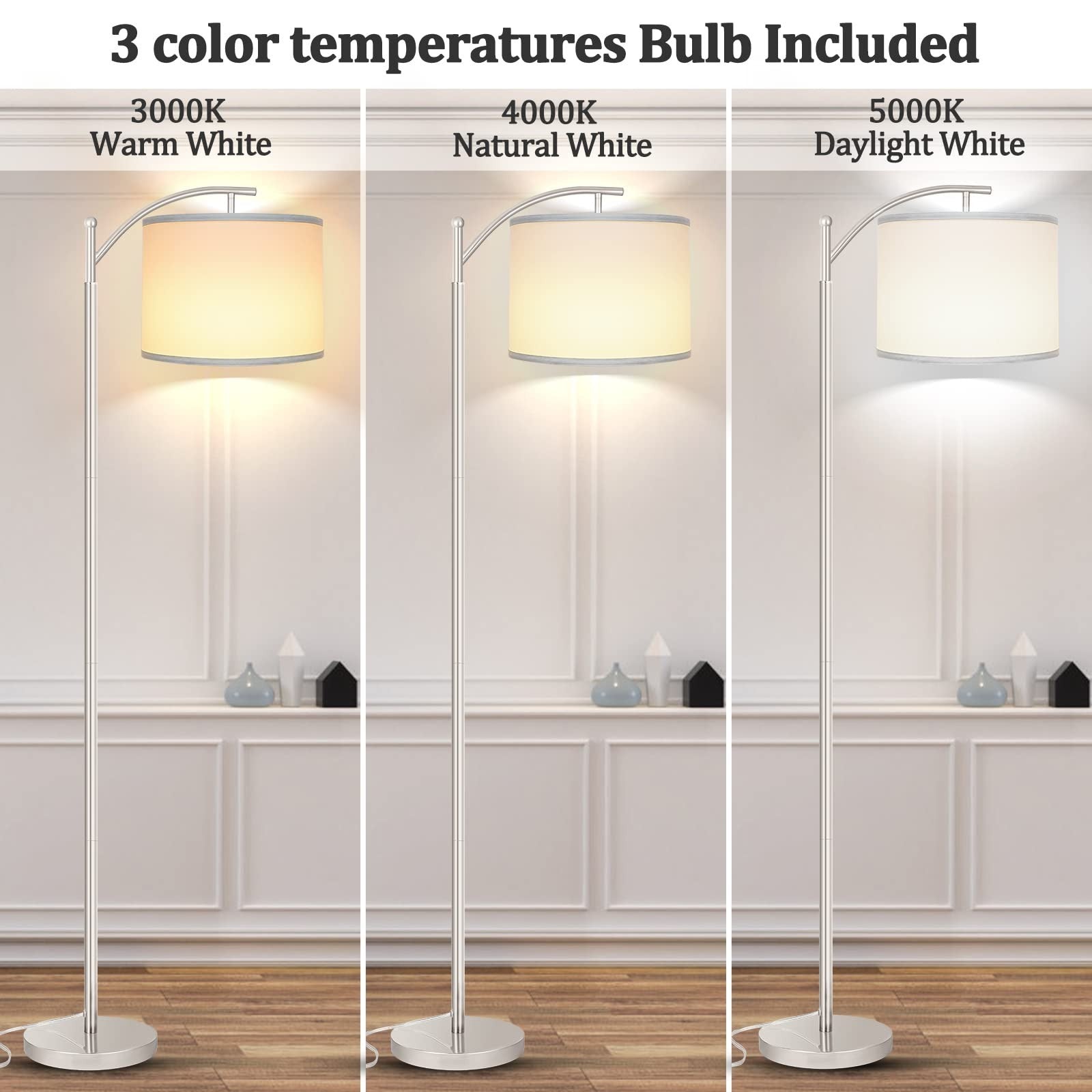 Tall Industrial Floor Lamp with 3 Color Temperatures, LED Bulb & White Shade   P2