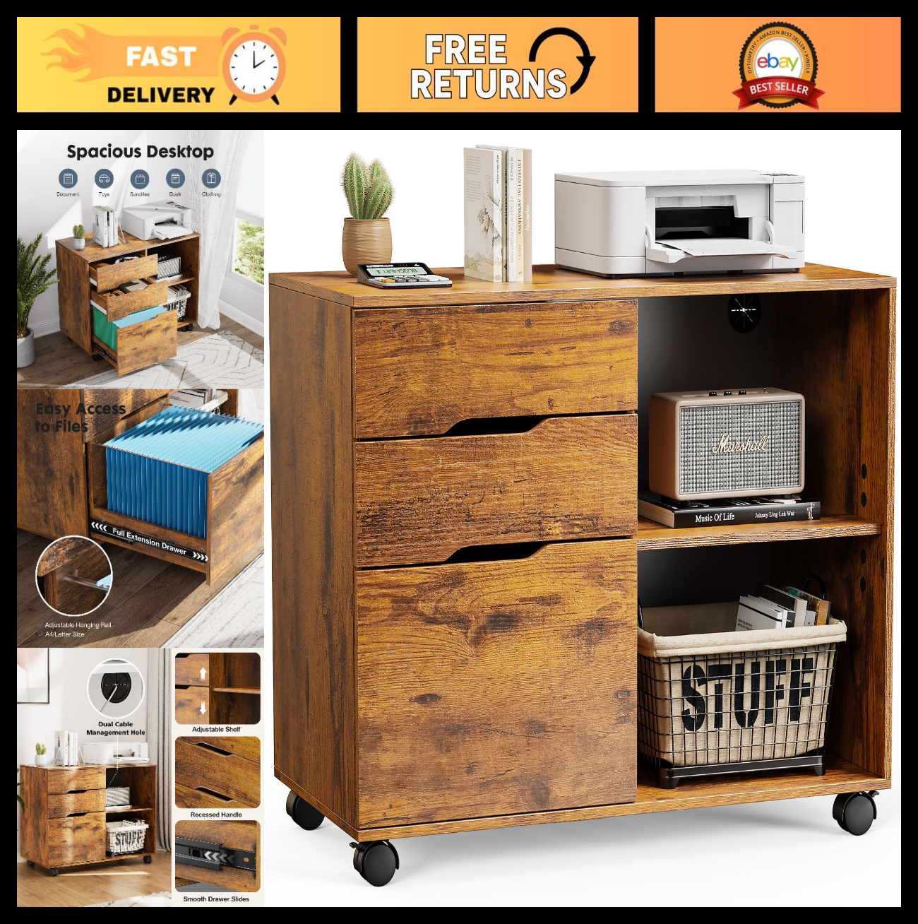 Wood File Cabinet with 3 Drawers, Rolling Printer Stand, Under Desk Storage Orga0