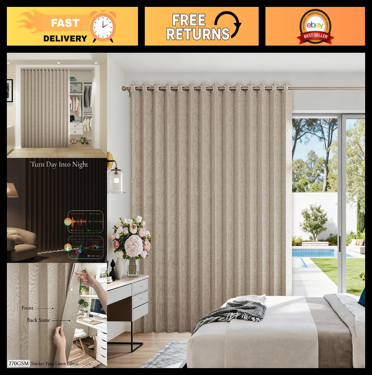 Accordion Door Curtains for Doorways   Fabric Privacy Curtain Panel 100x84 Tan0