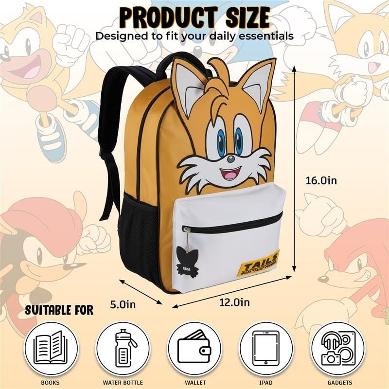 Sonic The Hedgehog Backpack for Kids, 16" Schoolbag with Tails Dangle, Yellow3