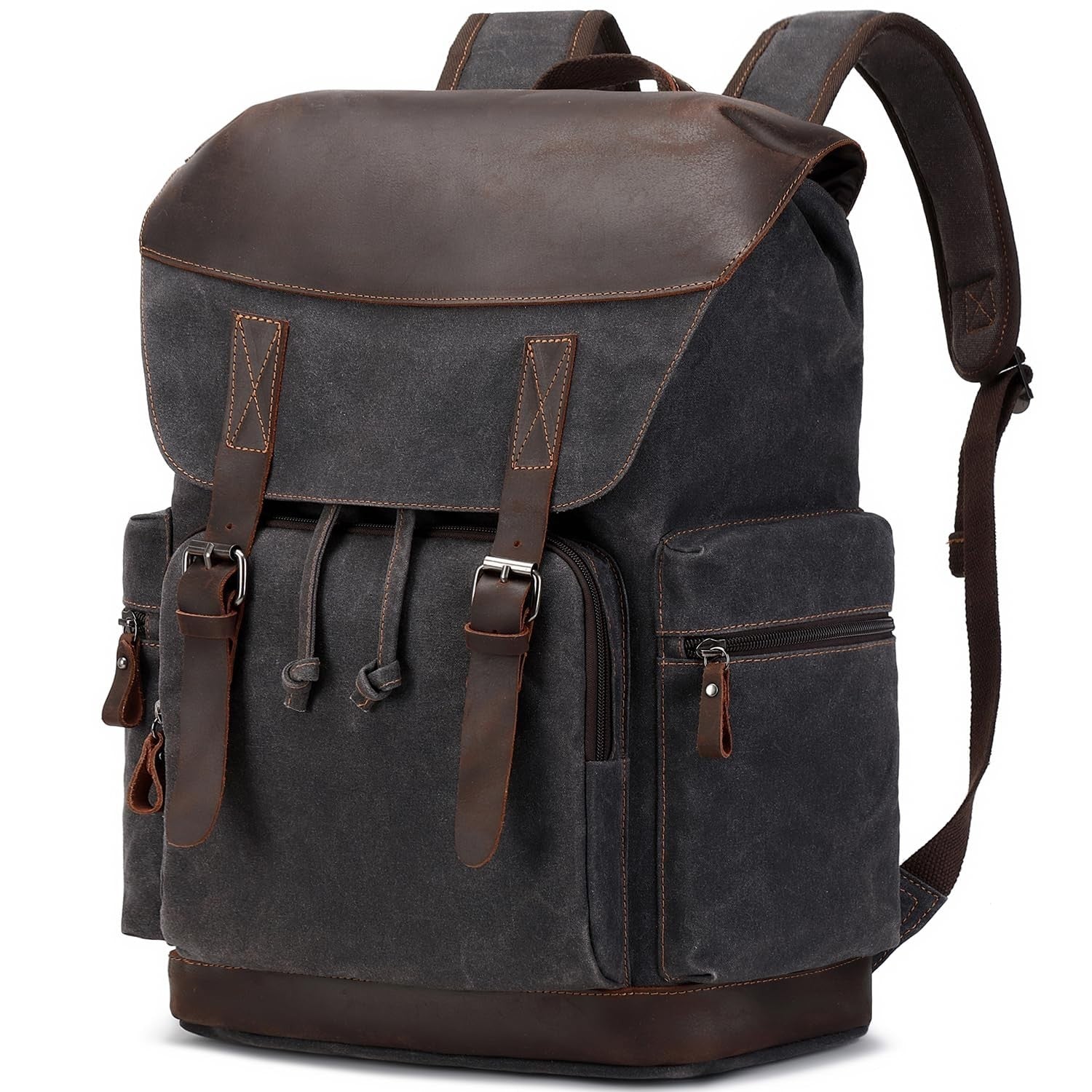 Vintage Waxed Canvas Leather Backpack for Men, 17.3" Laptop Rucksack, Travel Bag1
