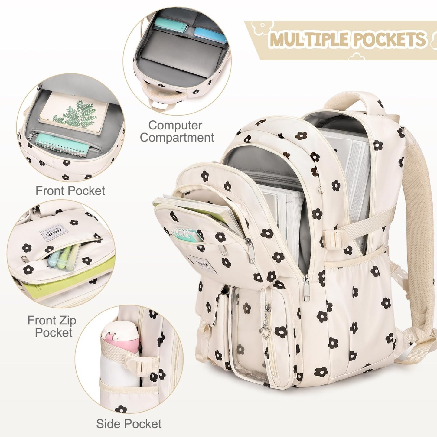 Stylish Girls Backpack with Lunch Bag & Pencil Pouch   Teen Laptop Bookbag, Flor3