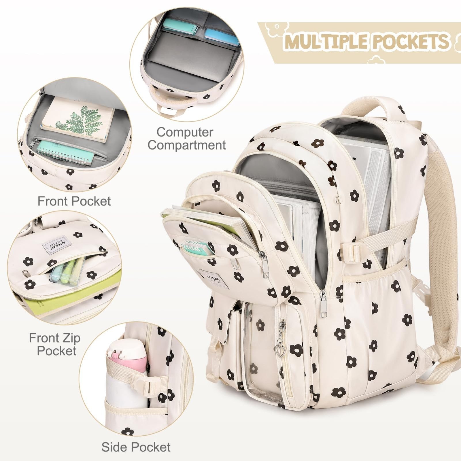 Stylish Girls Backpack with Lunch Bag & Pencil Pouch   Teen Laptop Bookbag, Flor3