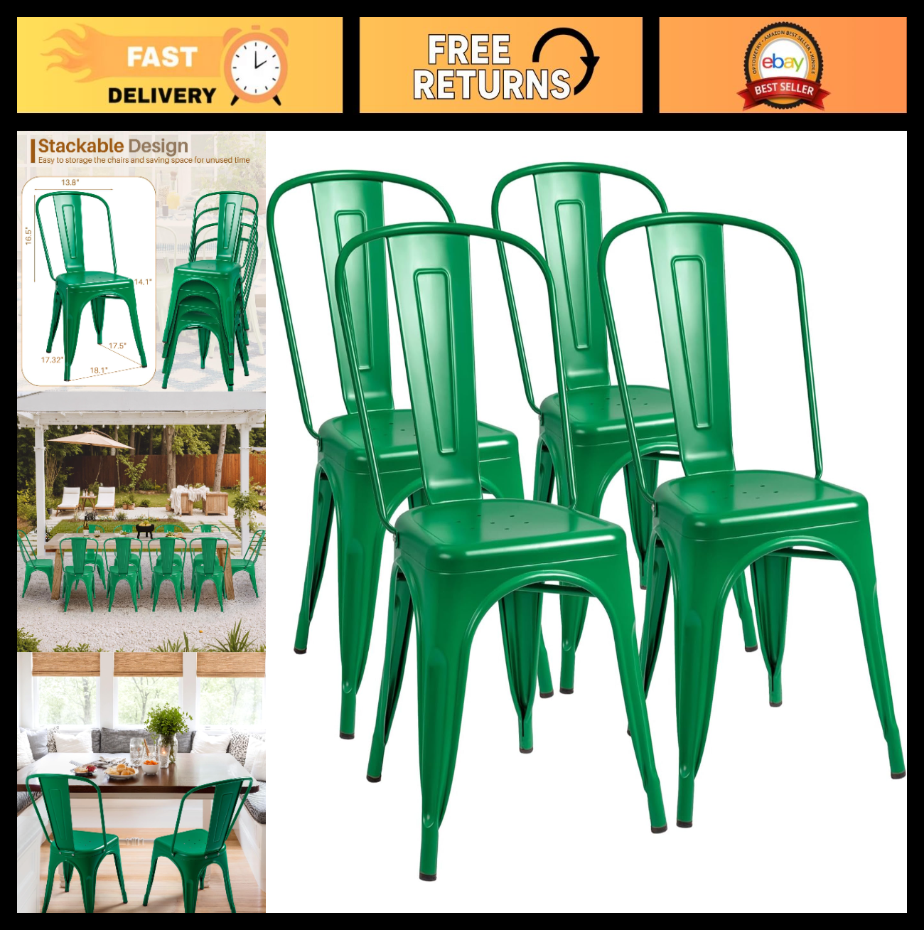 Stackable Metal Dining Chairs Set of 4   Indoor Outdoor Bistro Cafe Side Chairs0