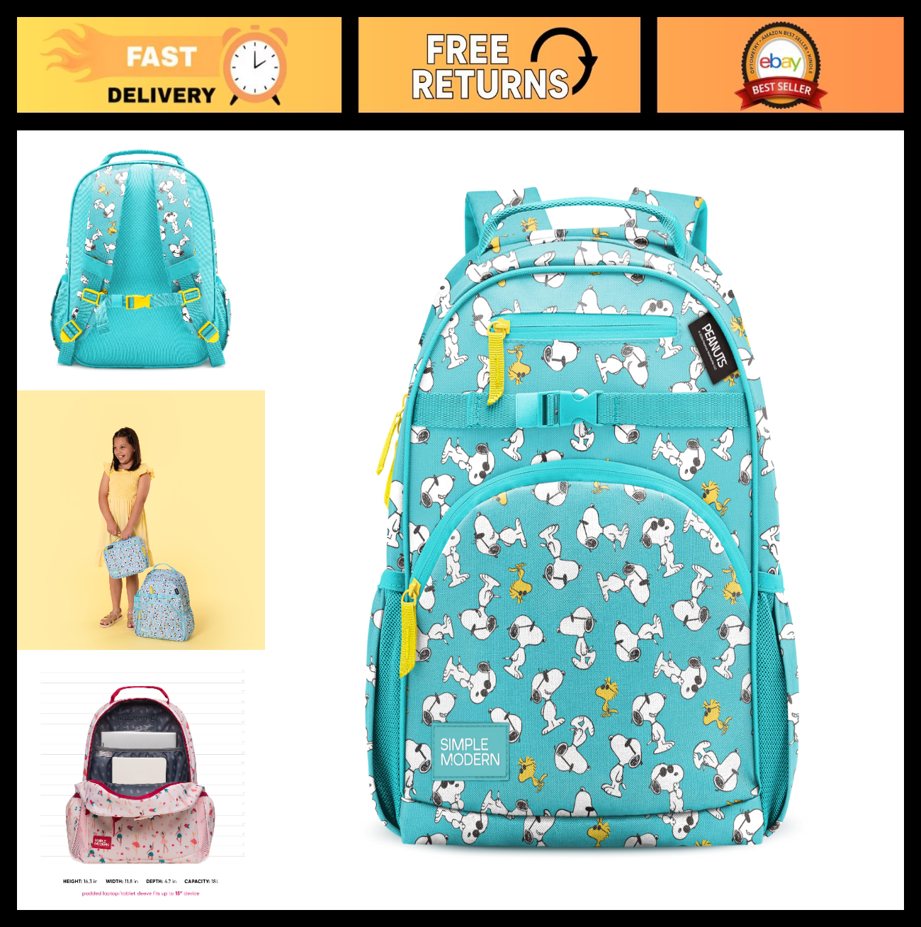 Kids School Backpack 18L   Peanuts Design, Perfect for Girls & Boys, Durable & L0