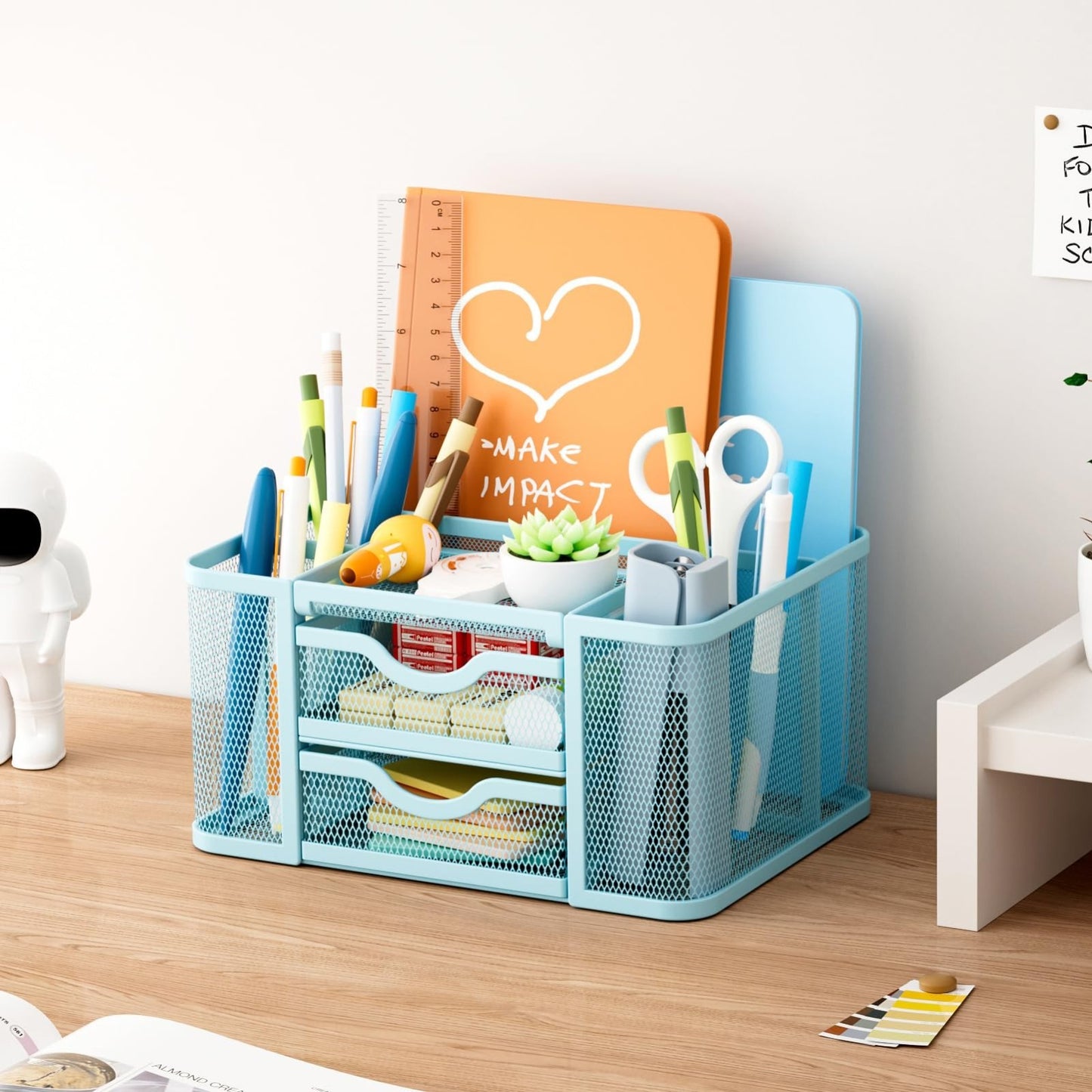 Multi Functional Mesh Desk Organizer with 2 Drawers, 5 Compartments, Blue4