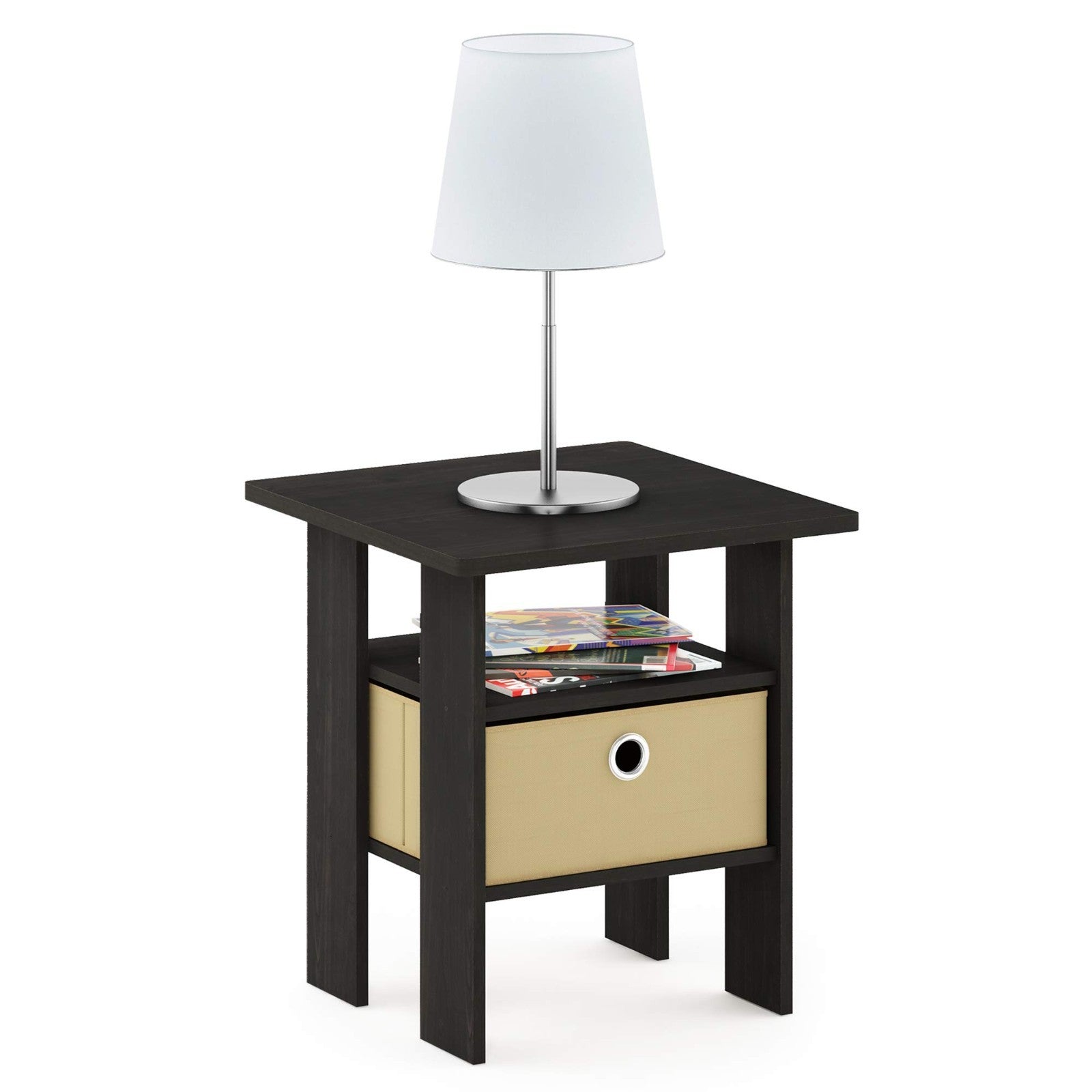Stylish Side Table with Open Shelves & Storage Bin - Nightstand for Bedroom & Li6