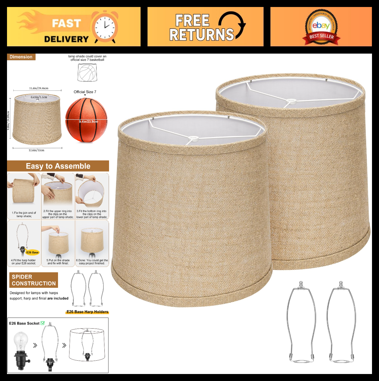 Set of 2 Burlap Drum Lampshades 11.6" x 12.6" x 9.8" - Brown Spider Fitter, Hand0