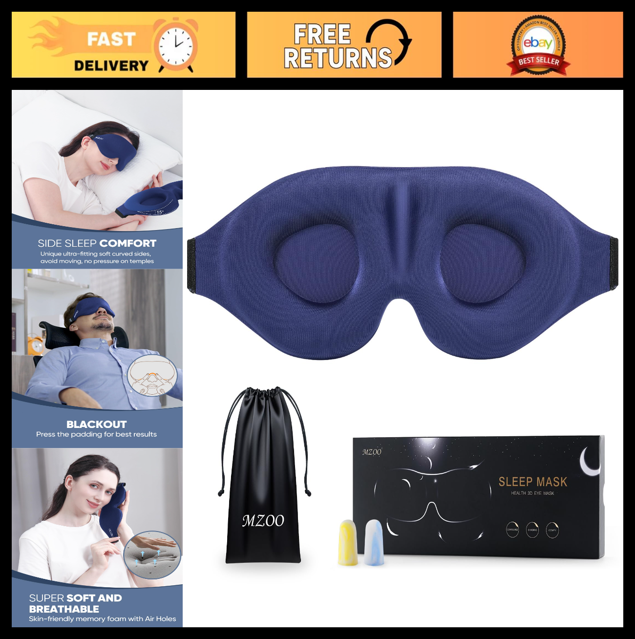 Luxury 3D Contoured Sleep Mask - Light Blocking, Zero Eye Pressure, Adjustable,0