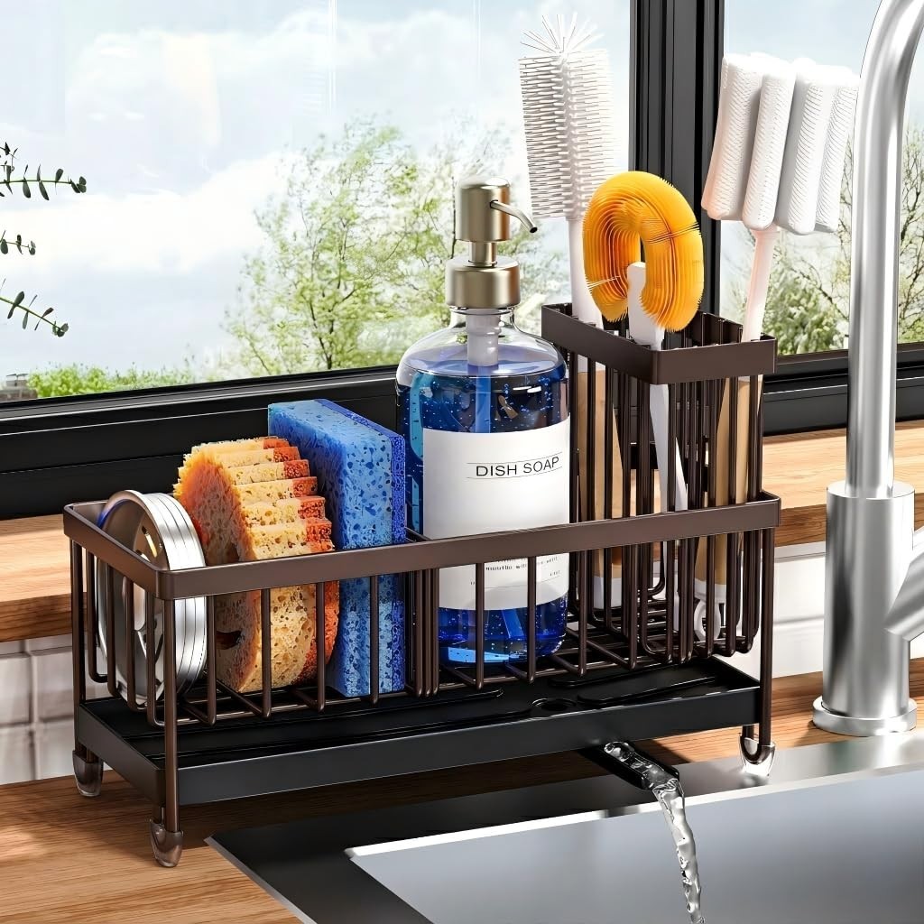 Brown Kitchen Sink Sponge Holder Caddy, Rustproof 304 Stainless Steel Organizer,1