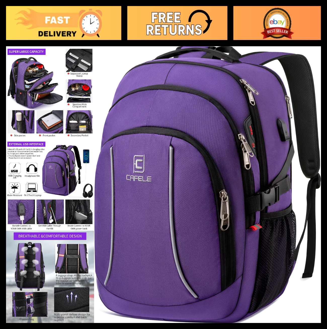 Large Capacity Travel Laptop Backpack 17.3"   RFID Anti Theft, Water Resistant,0