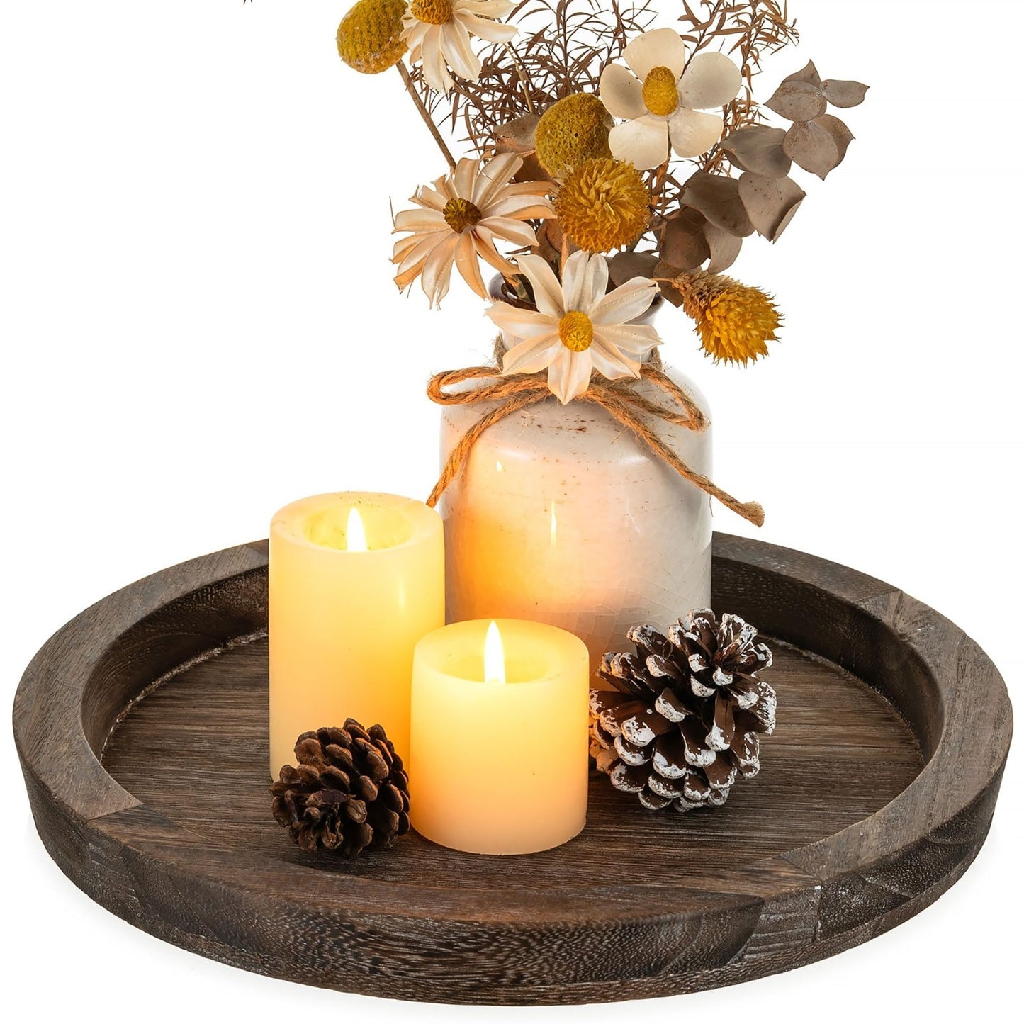 Rustic Wooden Coffee Table Tray - Round Decorative Serving Plate & Candle Holder1