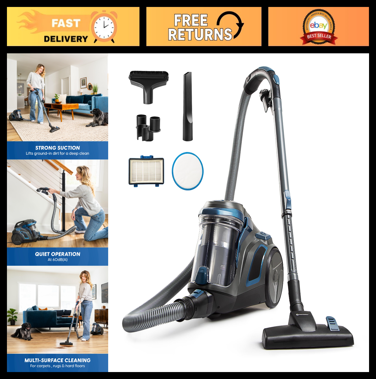 Ultra Silent Bagless Canister Vacuum 60dB, HEPA Filter, Powerful Suction, 16ft C0