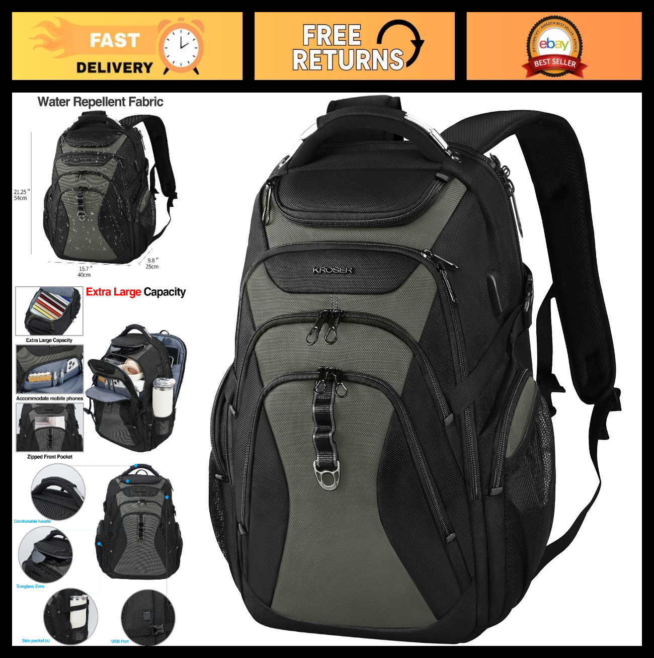Spacious 18.4" Laptop Backpack for Men & Women   College, Travel, Work, Durable0