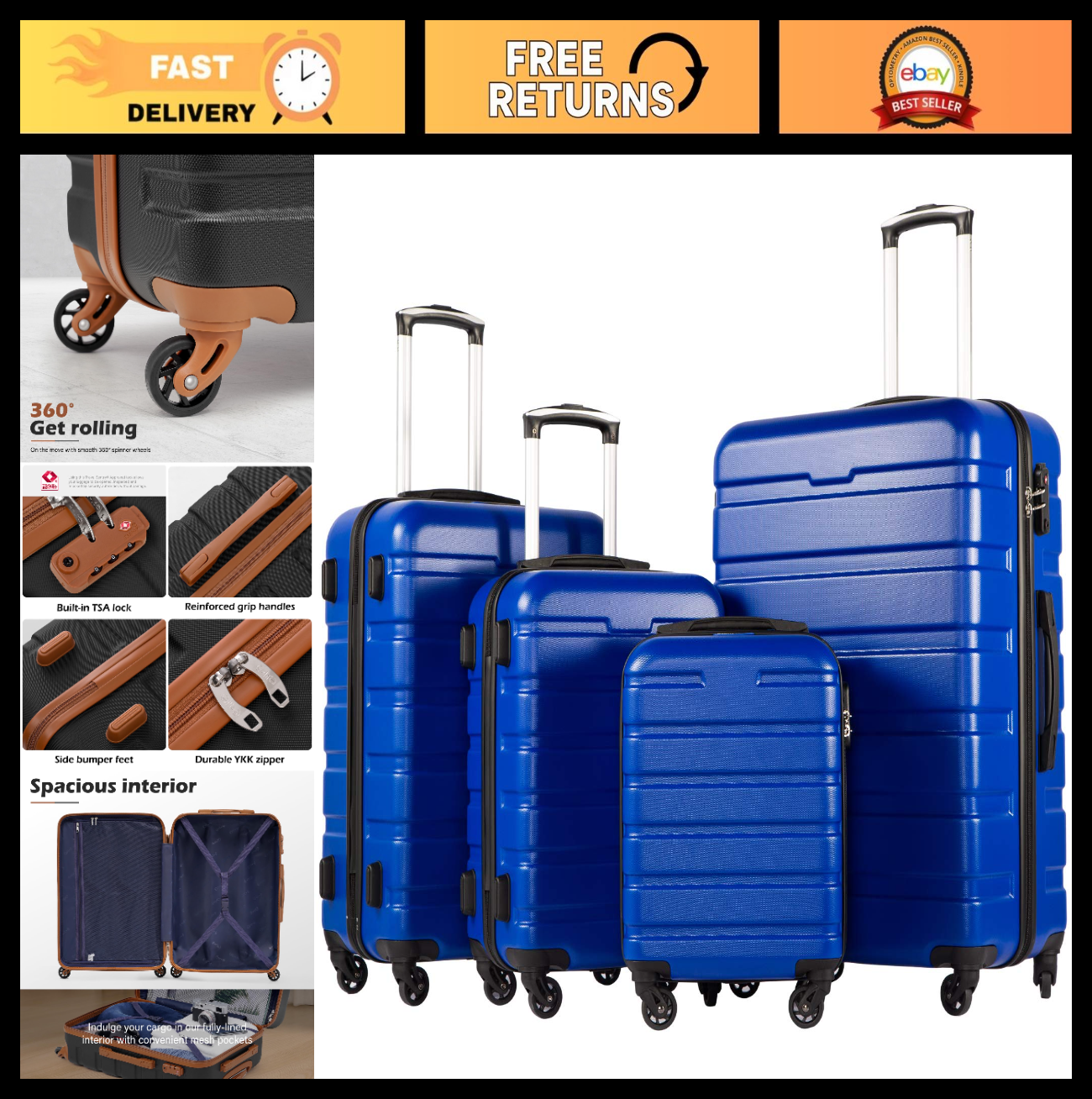 Lightweight Durable Hardshell Luggage Set, 4-Piece Suitcase with 360° Spinner Wh0