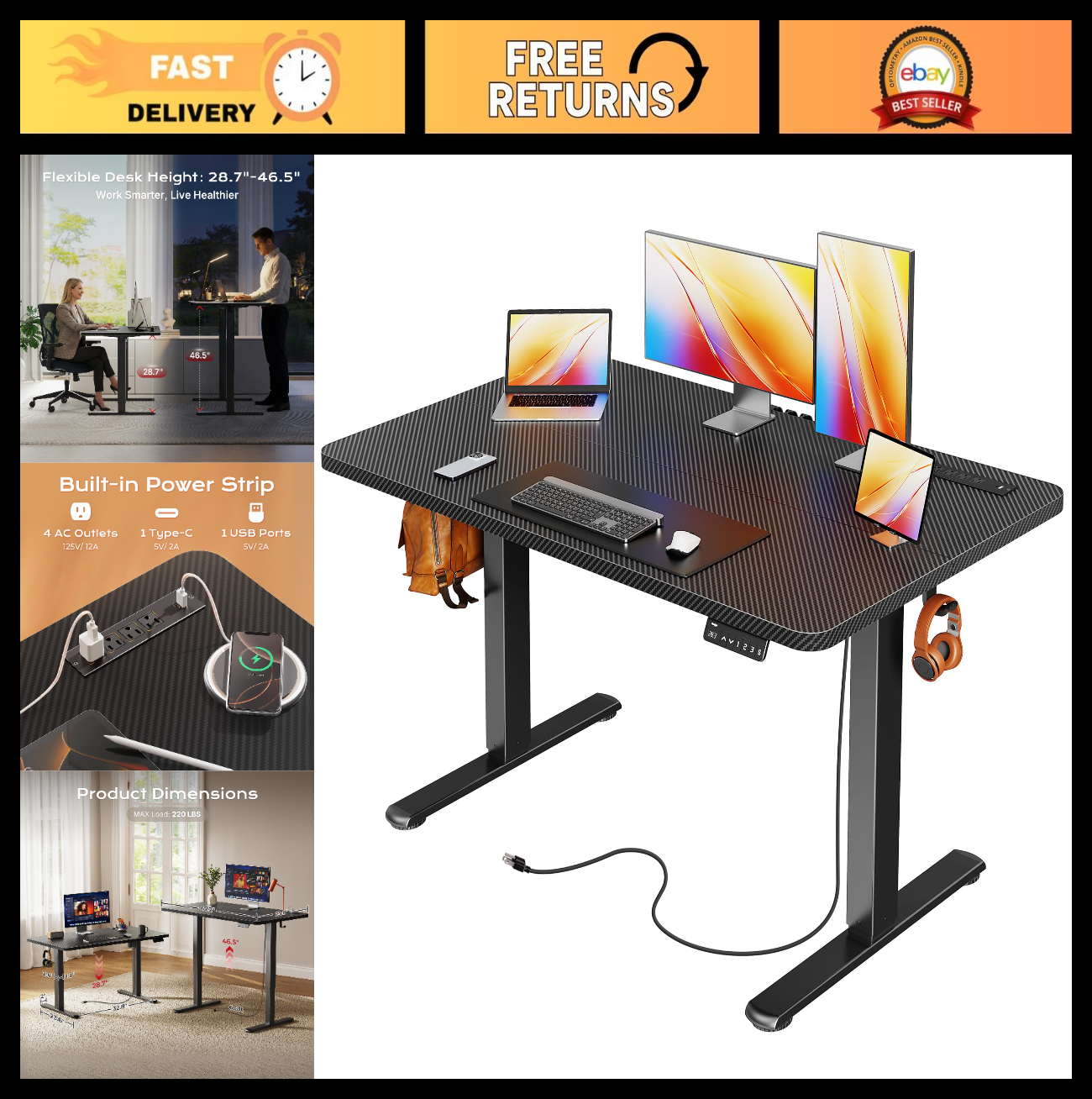 Height Adjustable Electric Standing Desk with USB-C & Power Outlets, 47x24" - Si0