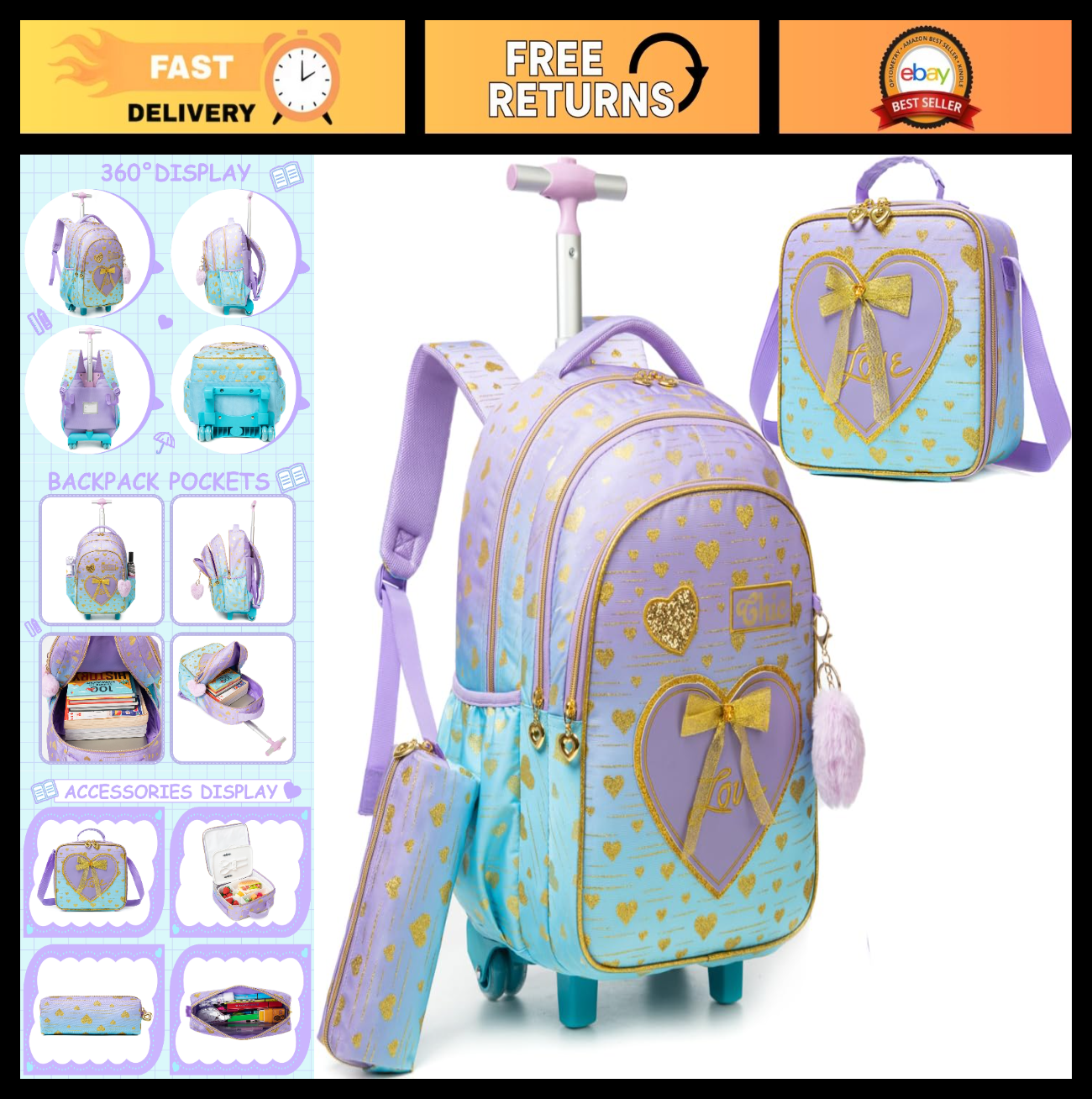 Girls Rolling Backpack with Wheels, Kids Travel Suitcase & Lunch Box, Ages 6 80