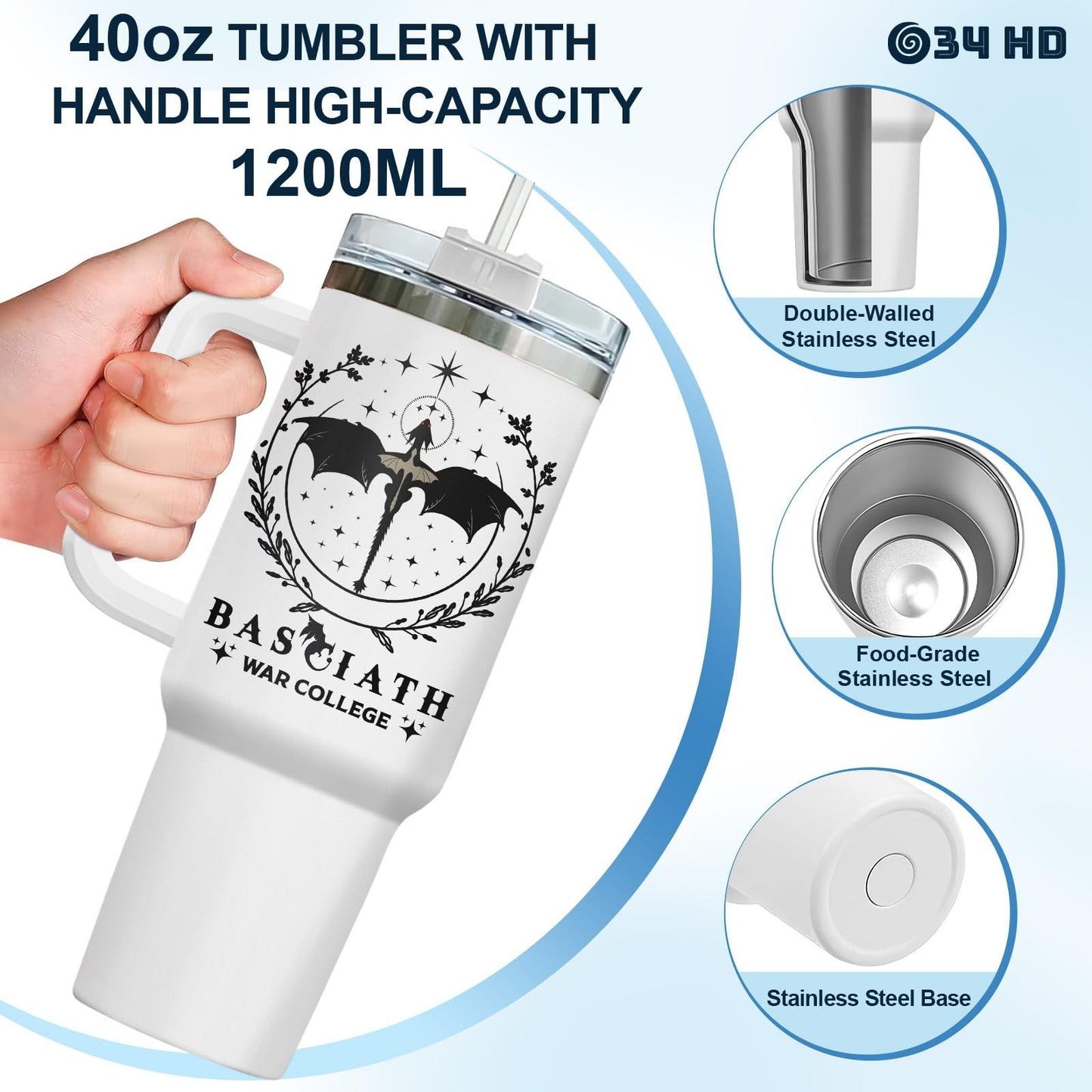 40oz Insulated Tumbler with Handle & Straw   Dragon Rider Travel Mug, Perfect Gi8
