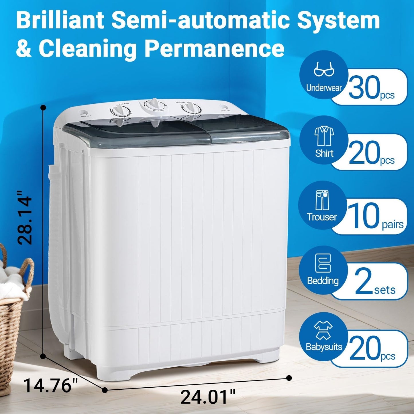 Portable Twin Tub Washing Machine 22 lbs with Drying Rack, Mini Compact Laundry2
