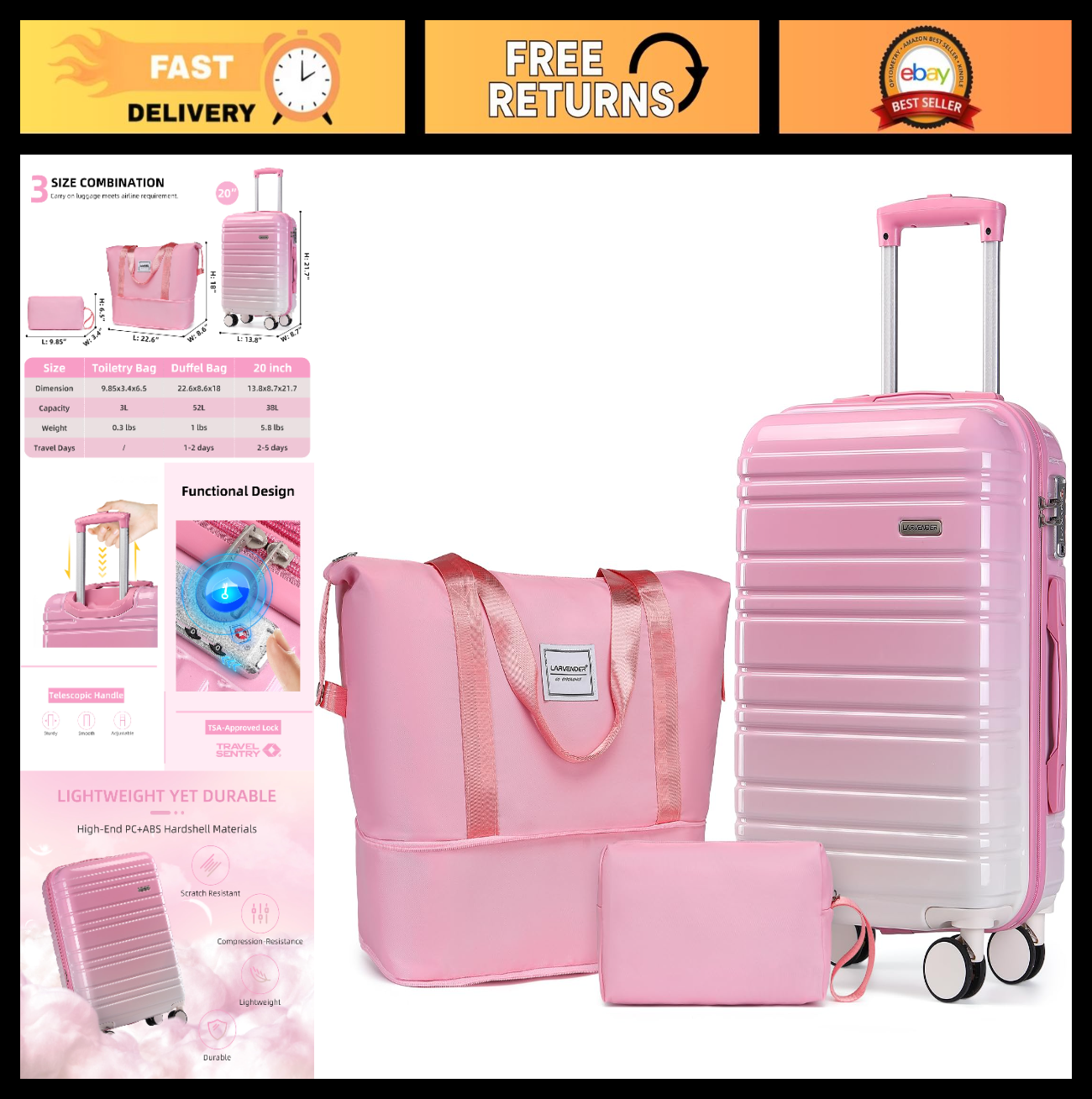 3-Piece Carry-On Luggage Set, 20in Hardshell Suitcase, Lightweight, TSA Lock, Du0
