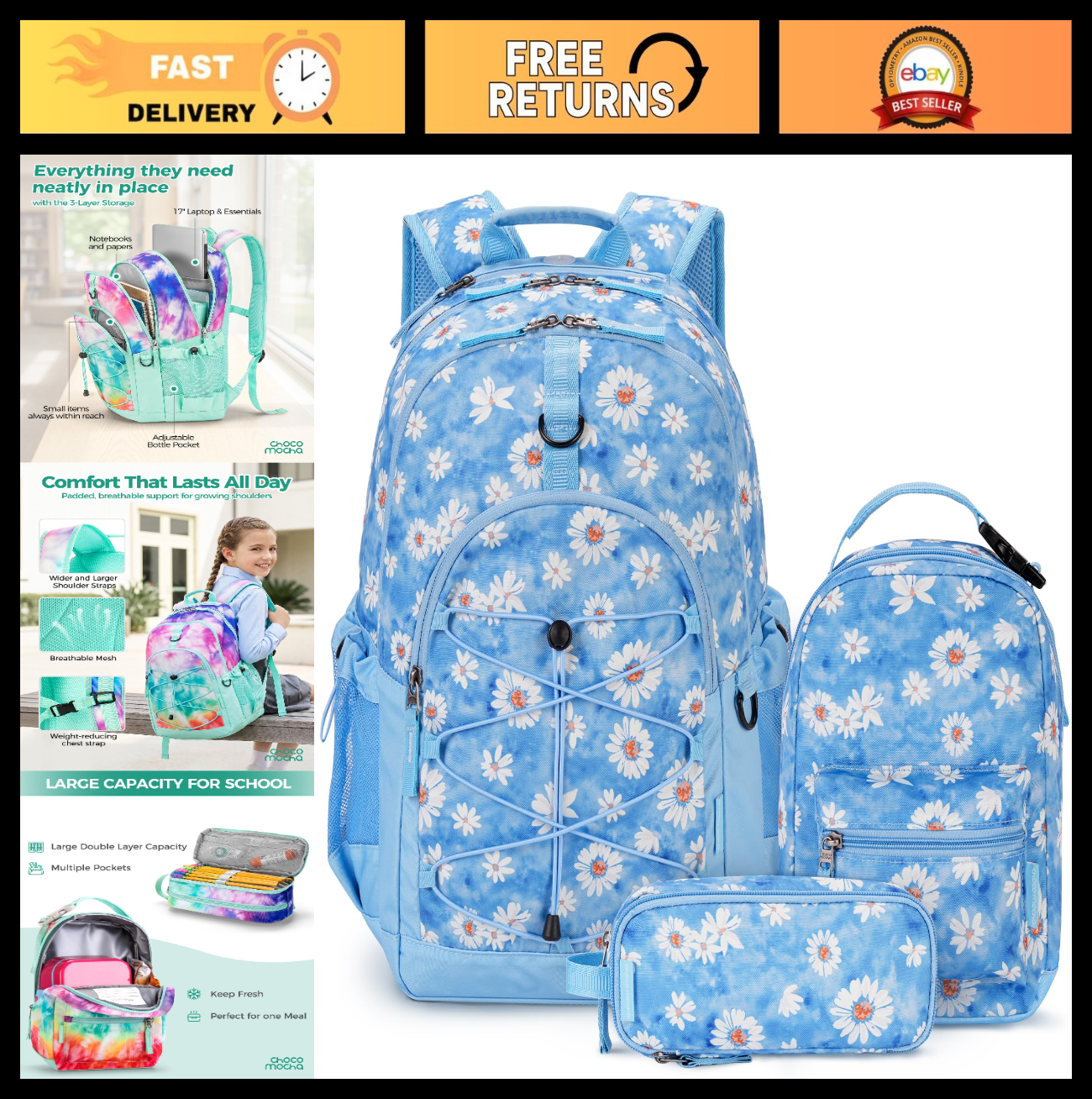 Daisy Blue Girls School Backpack Set with Lunch Box   18" Teen Backpack, 3 Pcs0