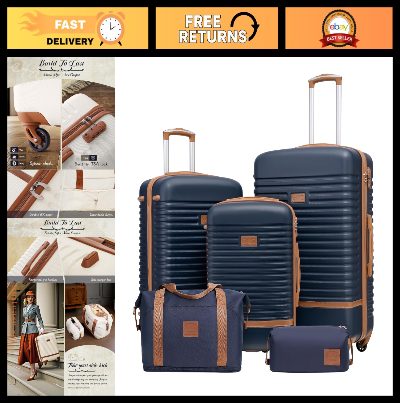 5-Piece Navy Luggage Set - Carry-On Suitcase with 360° Spinner Wheels, Trolley S0