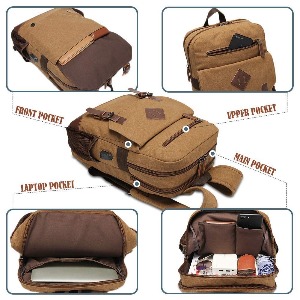Vintage Canvas Laptop Backpack with USB Charging Port, Fits 15.6" Device, Travel3