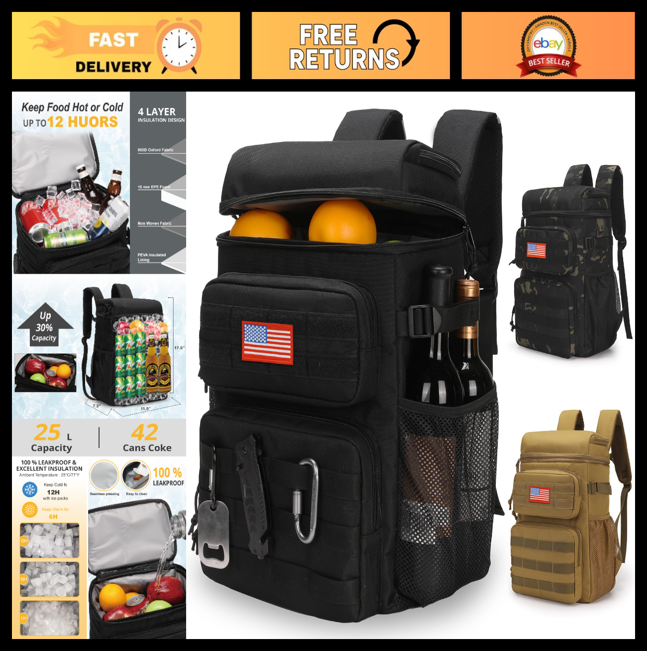 Tactical Insulated Cooler Backpack - Lightweight, Leakproof, Waterproof for Trav0