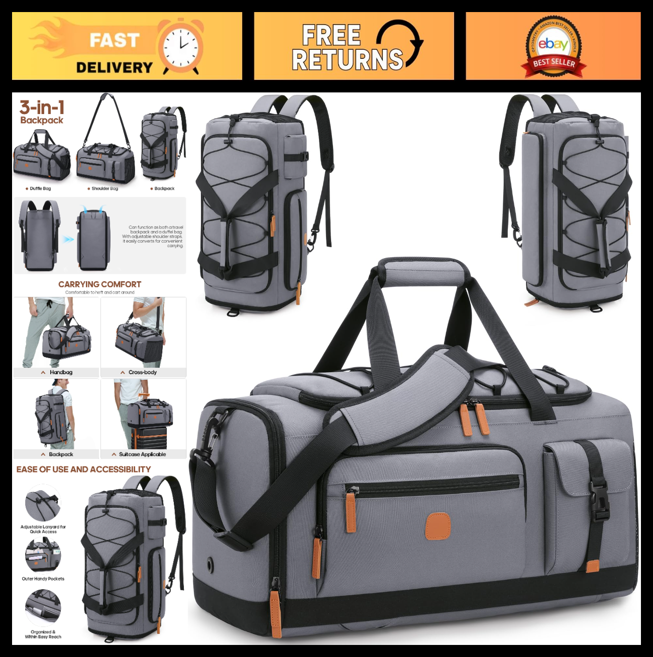 Versatile 3-in-1 Gym Bag with Shoe & Laptop Compartment - Anti-Theft Duffle Back0