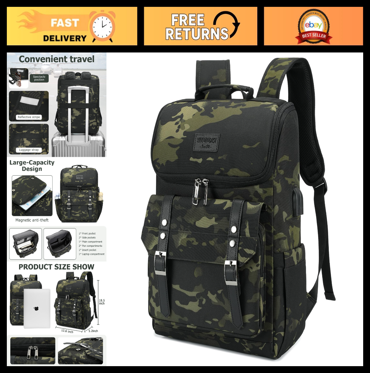 Vintage Camouflage Laptop Backpack with USB Charging Port - Travel College Bag f0