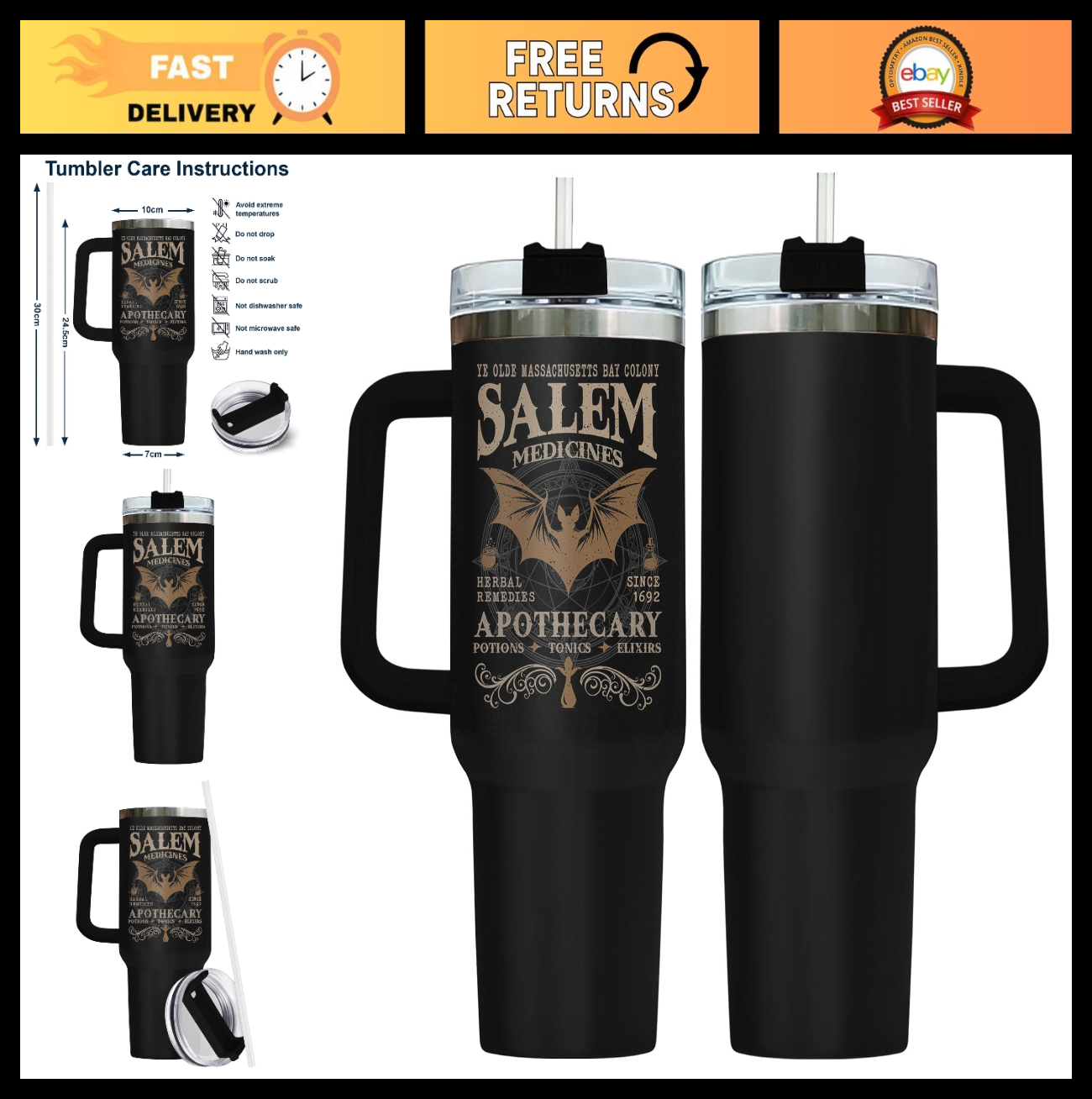 Gothic Insulated Travel Mug 40oz with Handle & Straw   Witch Themed Coffee Tumbl0