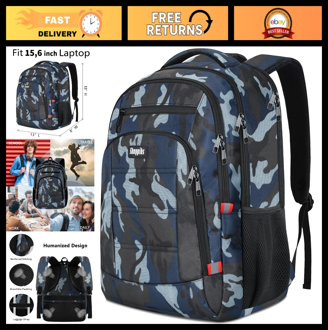 Water Resistant Laptop Backpack for Men & Teens, Fits 15.6", School & Work Bag,0