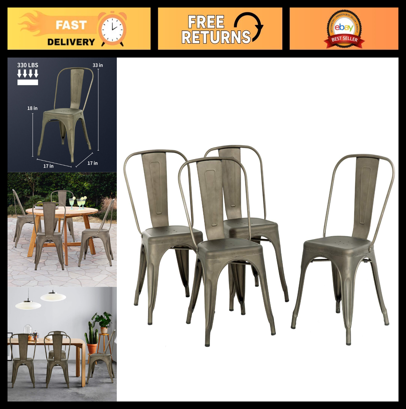Set of 4 Stackable Metal Dining Chairs   Indoor Outdoor Patio Kitchen Bar Chairs0