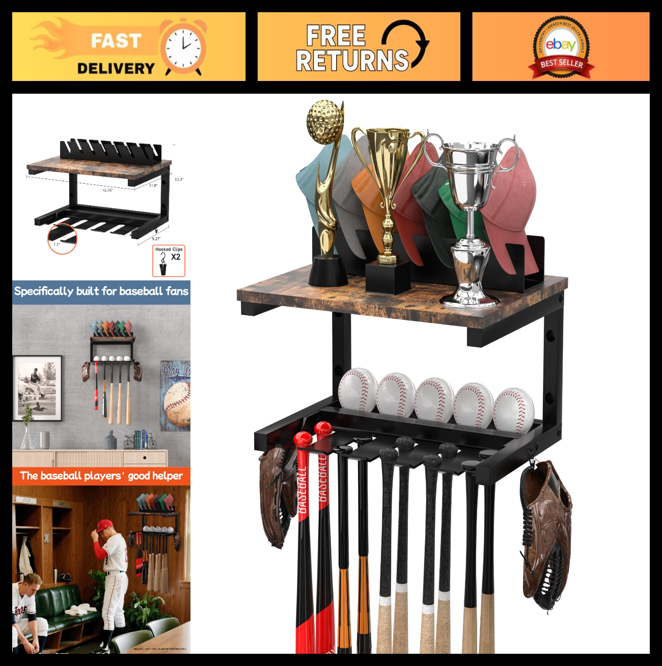 Wall Mount Baseball Bat Rack & Cap Holder   10 Bat Metal Storage, 5 Prongs, Blac9