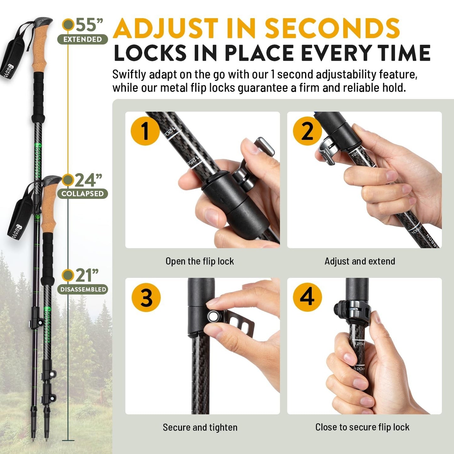 Lightweight Carbon Fiber Trekking Poles   Collapsible Hiking Sticks with Cork Gr5