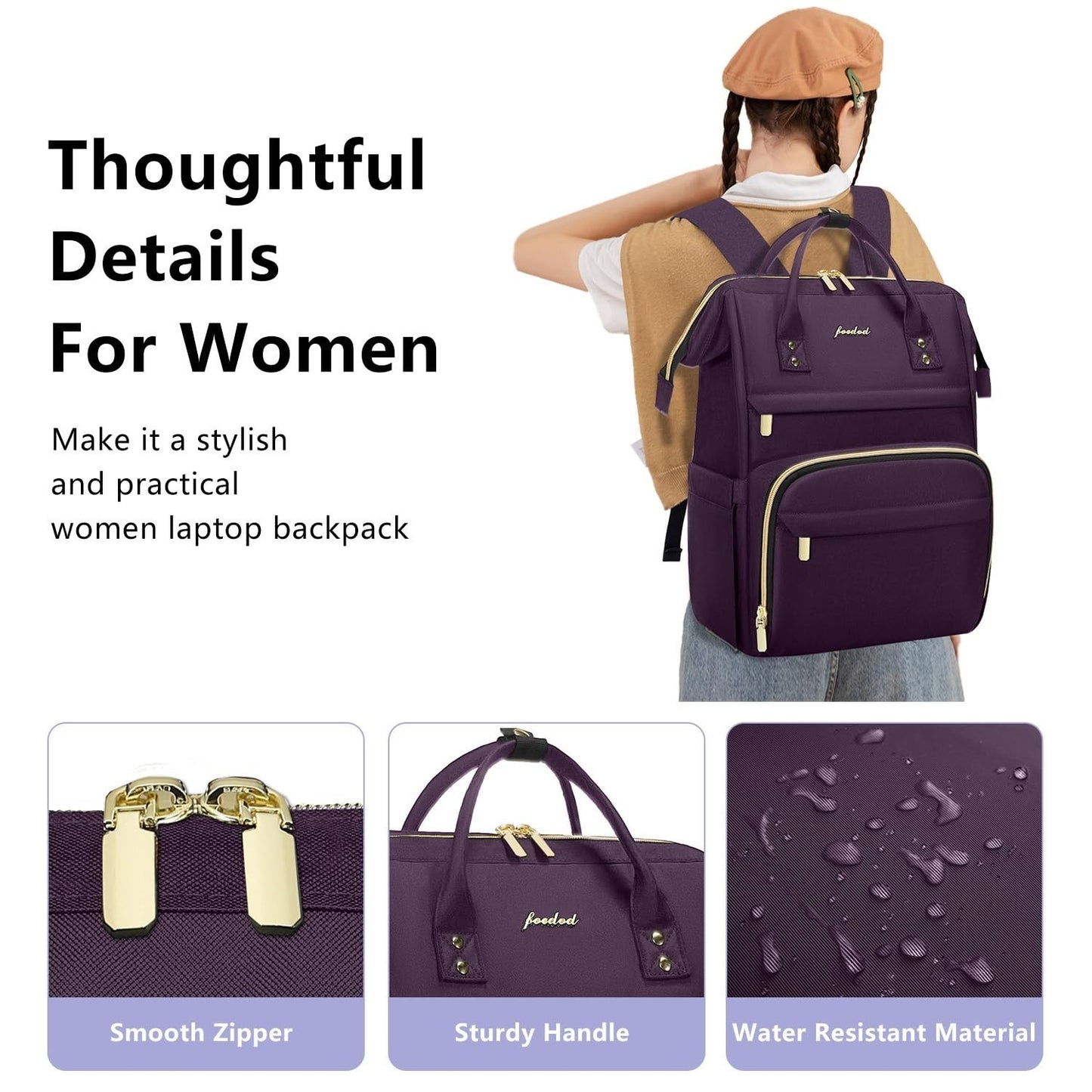 Stylish 15.6" Laptop Backpack for Women   Waterproof Travel Work Bag, Dark Purpl4