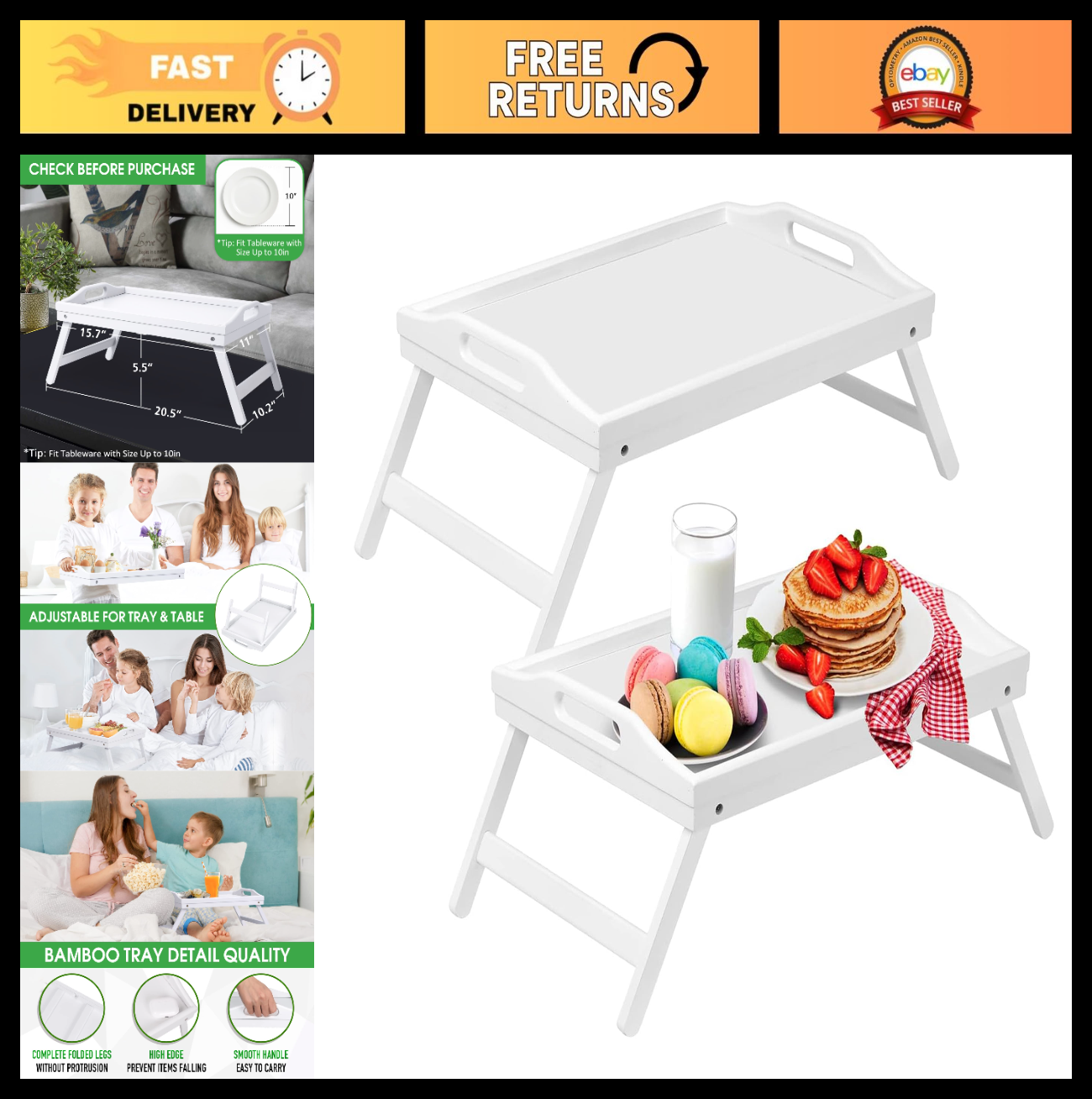 Foldable Bamboo Bed Tray Table with Handles - Ideal for Breakfast, Snacks, Lapto0