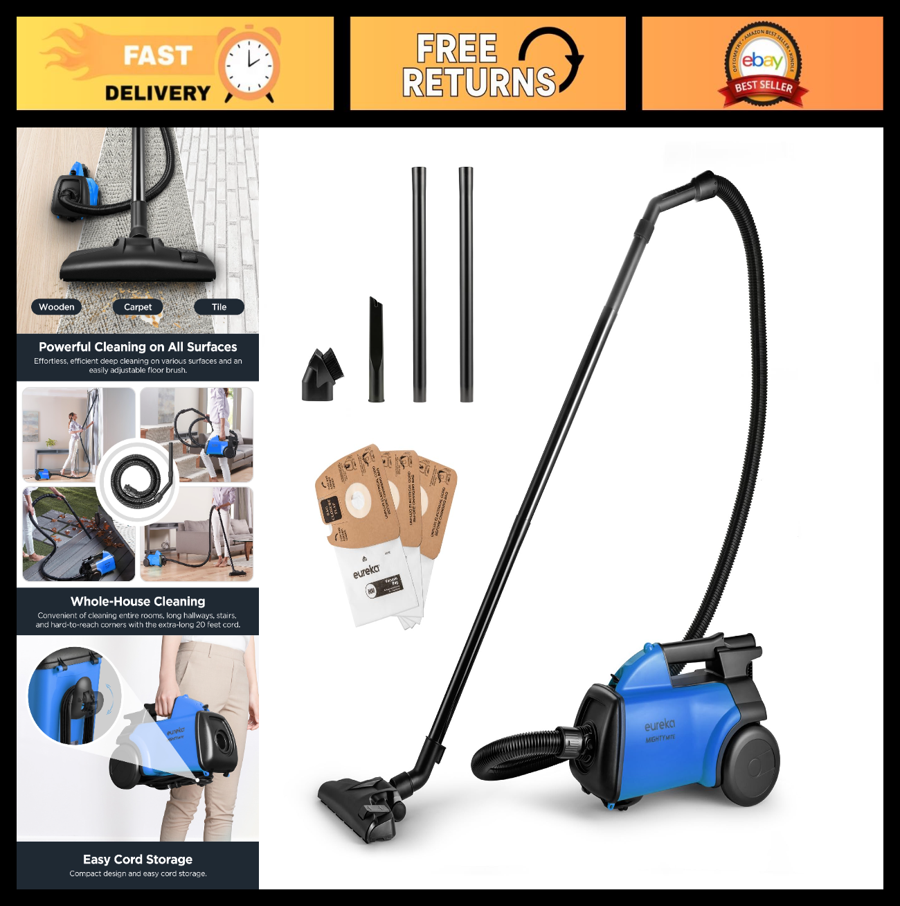 Bagged Canister Vacuum Cleaner 3670H - Lightweight, Powerful Suction for Home, P0