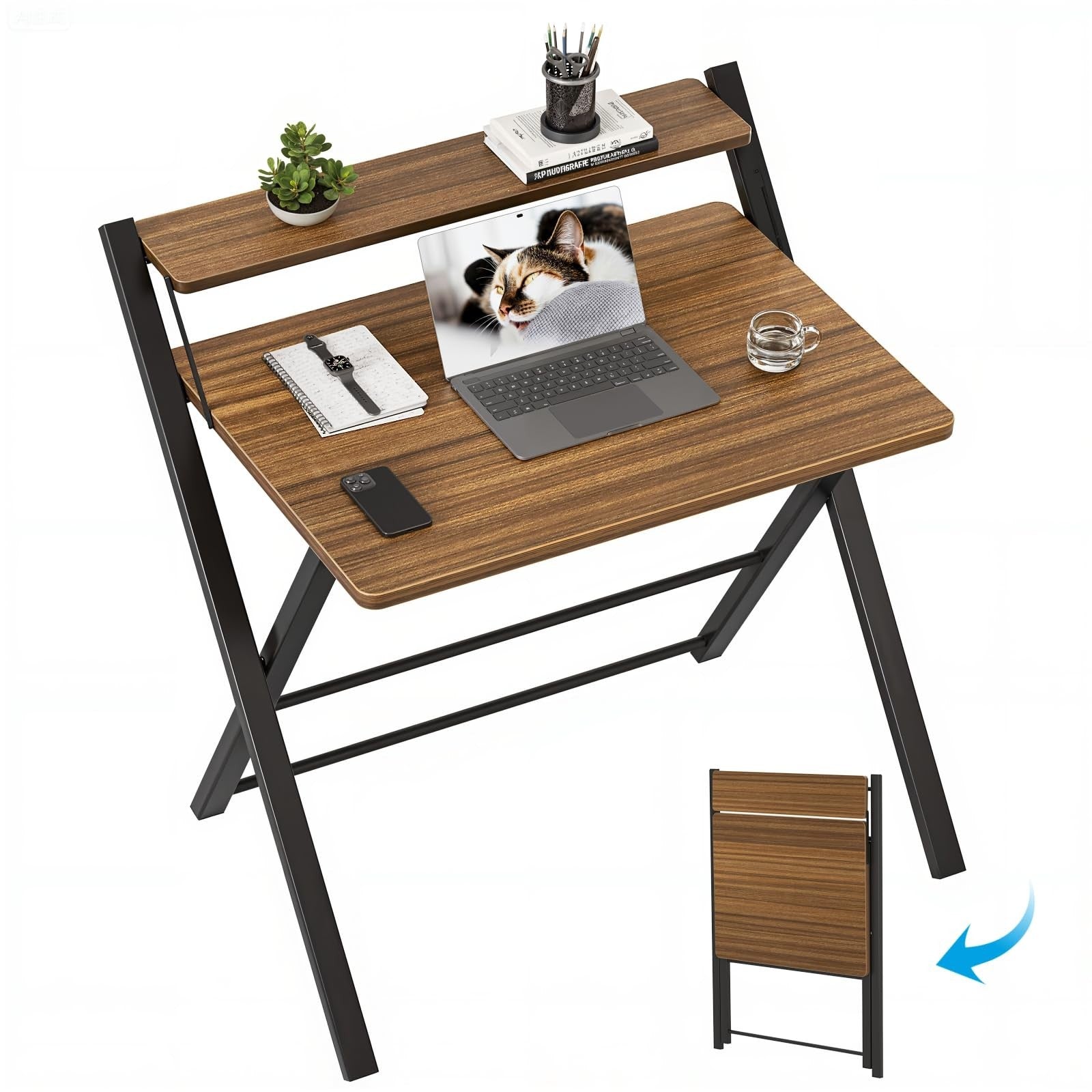 Compact Folding Desk with Shelf - Space-Saving Laptop Table for Home Office & Do1