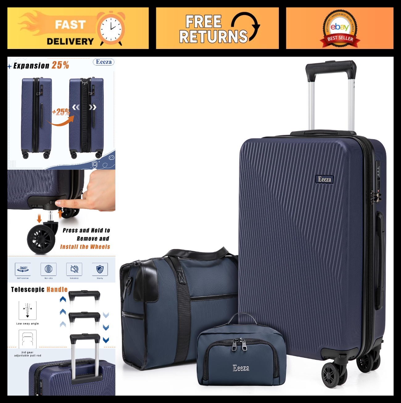 3-Piece Airline Approved Hardcase Luggage Set - 20" Deep Blue, Scratch Resistant0