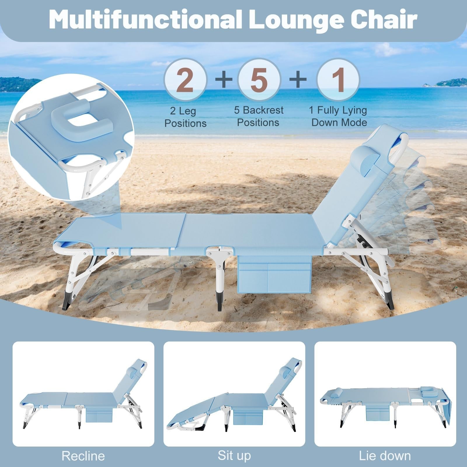 Folding Camping Cot for Adults with Adjustable Backrest & Padded Cushion   5 Pos5