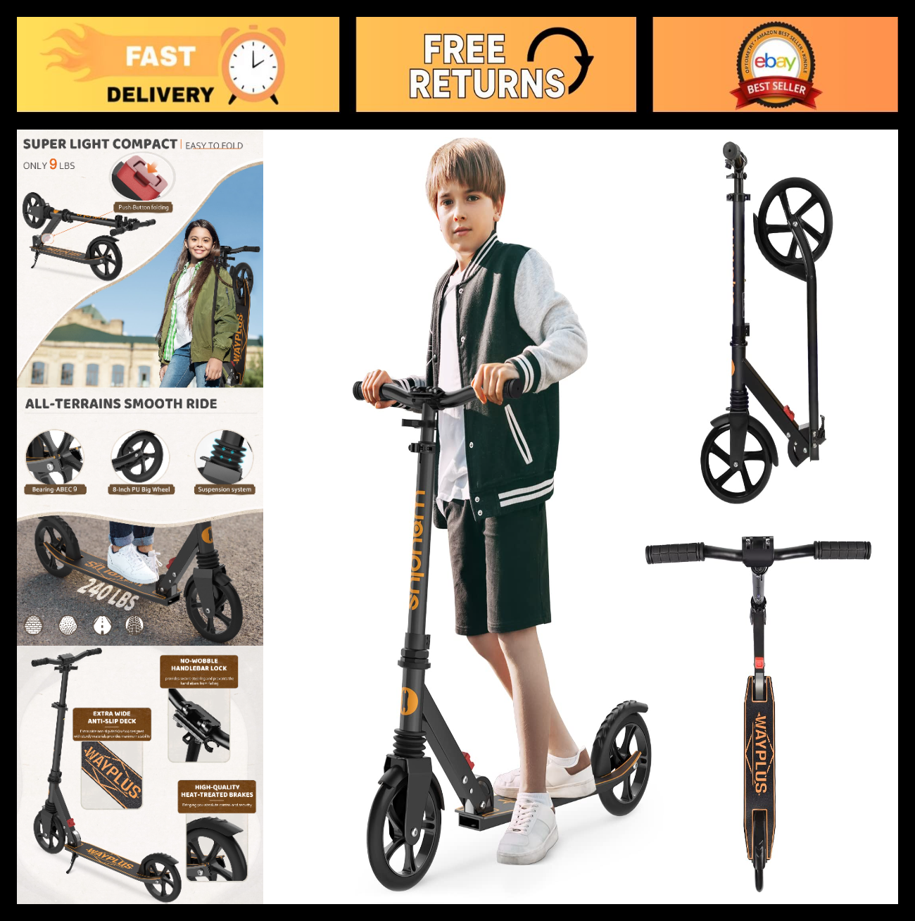Kick Scooter for Kids, Teens & Adults - 8" Big Wheels, 240lb Weight Capacity0
