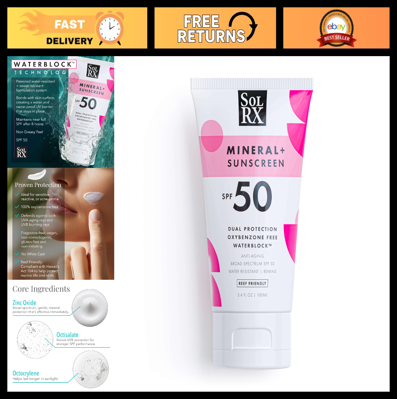 SPF 50 Zinc Oxide Sunscreen - Reef Safe, Water Resistant for Outdoor Activities0