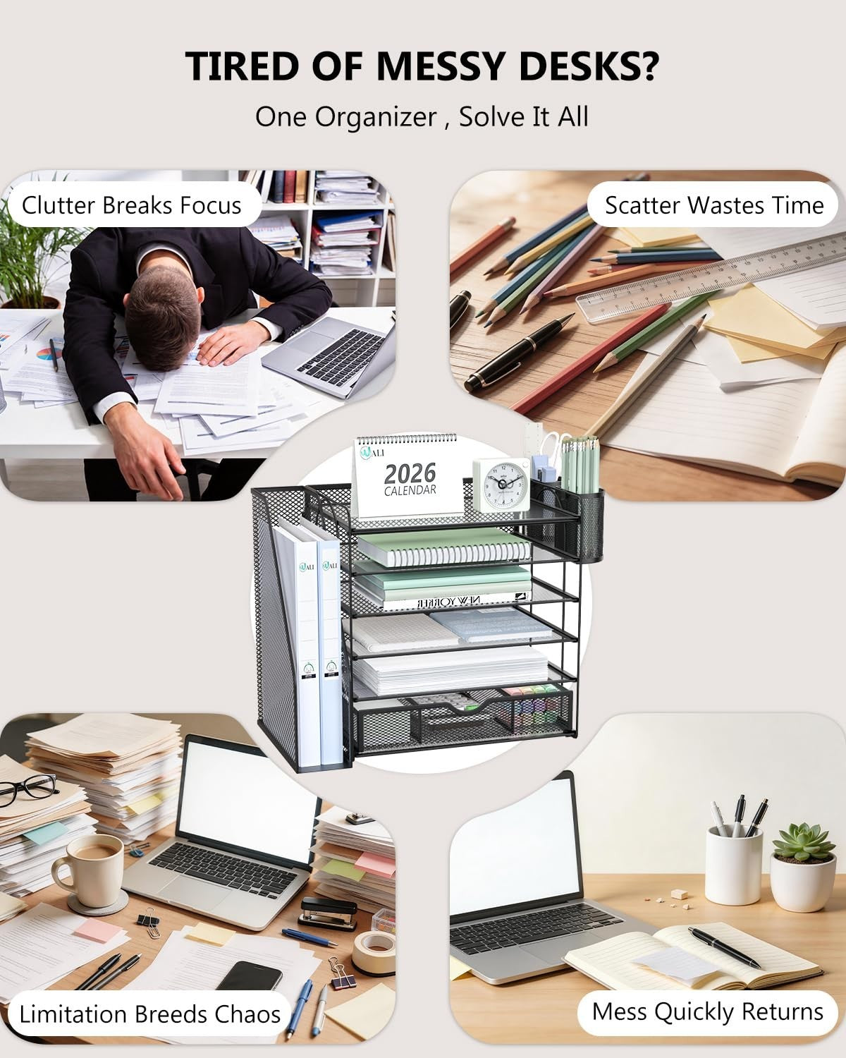 6 Tier Desktop File Organizer with Drawer & Pen Holders   Office Desk Accessorie3
